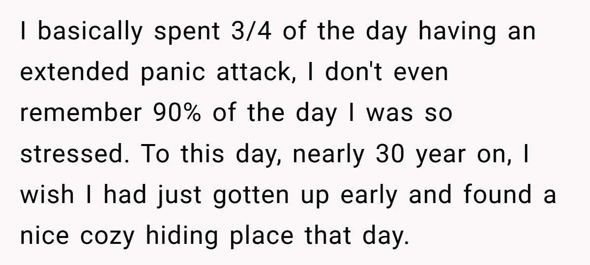 I basically spent 3/4 of the day having an extended panic attack, I don't even remember 90% of the day I was so stressed. To this day, nearly 30 year...