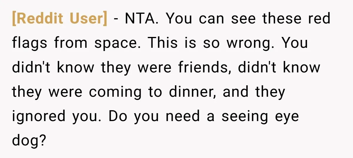 [Reddit User] − NTA. You can see these red flags from space. This is so wrong. You didn't know they were friends, didn't know they were coming to dinner, and...