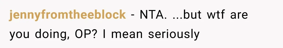 jennyfromtheeblock − NTA. ...but wtf are you doing, OP? I mean seriously