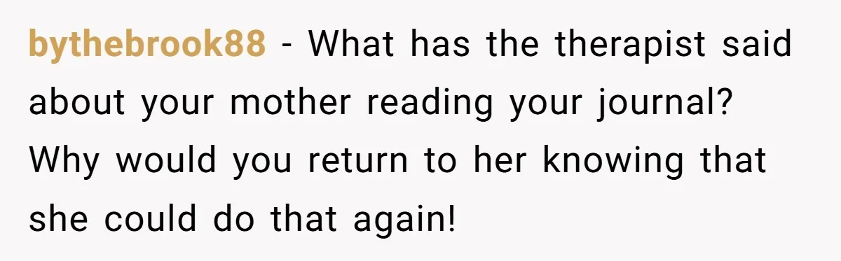 bythebrook88 − What has the therapist said about your mother reading your journal? Why would you return to her knowing that she could do that again!