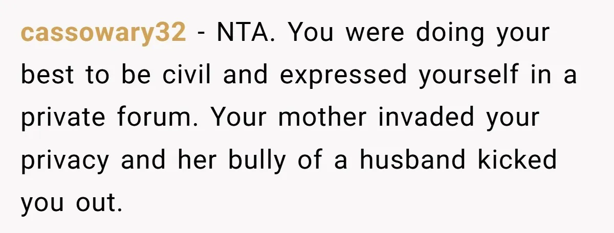 cassowary32 − NTA. You were doing your best to be civil and expressed yourself in a private forum. Your mother invaded your privacy and her bully of a husband kicked...