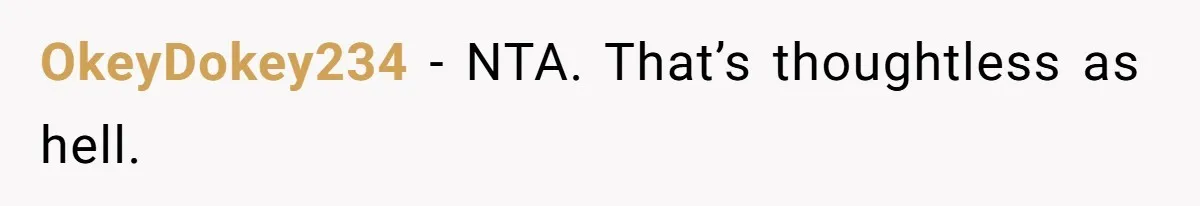 OkeyDokey234 − NTA. That’s thoughtless as hell.