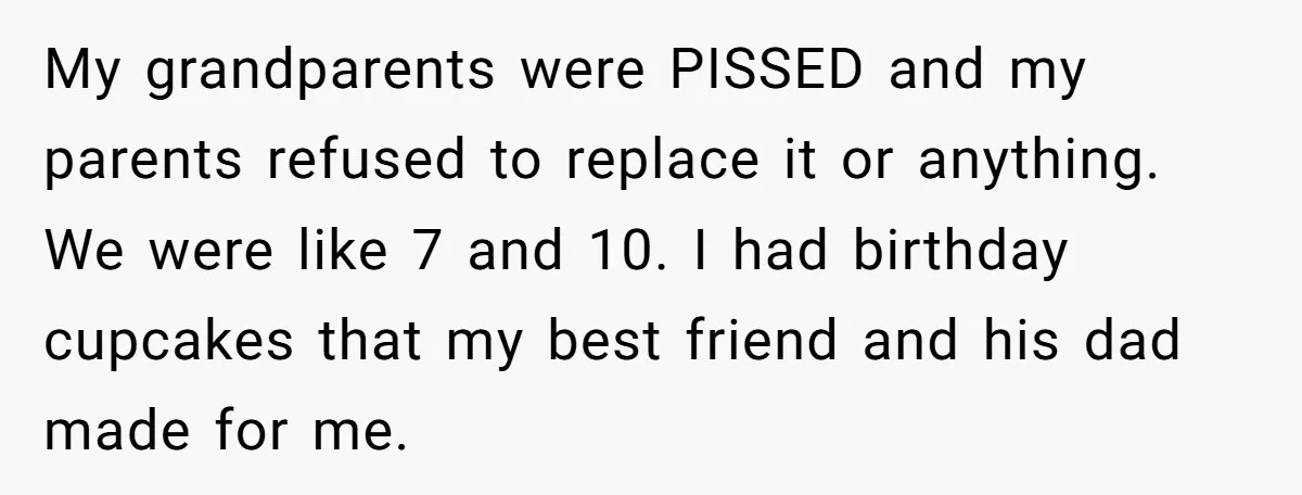 My grandparents were PISSED and my parents refused to replace it or anything. We were like 7 and 10. I had birthday cupcakes that my best friend and his dad...