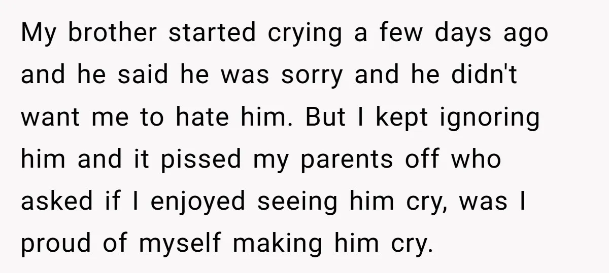 My brother started crying a few days ago and he said he was sorry and he didn't want me to hate him. But I kept ignoring him and it pissed...