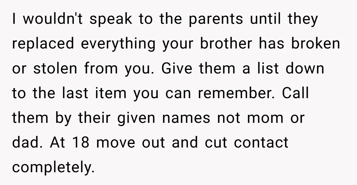 I wouldn't speak to the parents until they replaced everything your brother has broken or stolen from you. Give them a list down to the last item you can remember....
