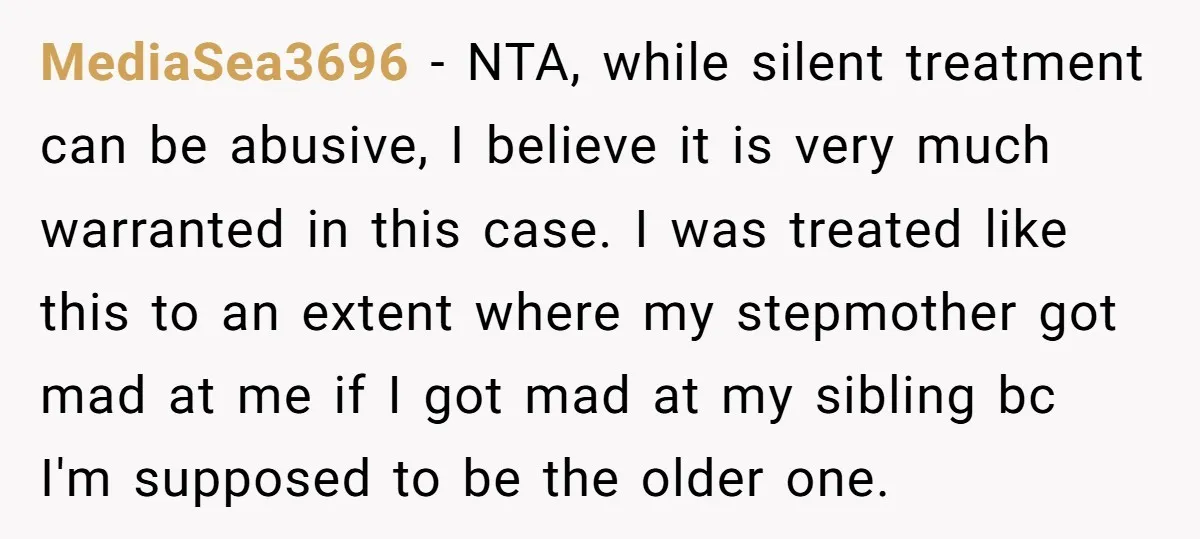 MediaSea3696 − NTA, while silent treatment can be abusive, I believe it is very much warranted in this case. I was treated like this to an extent where my stepmother...