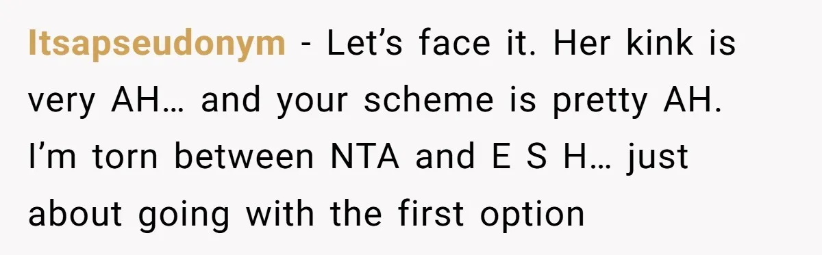 Itsapseudonym − Let’s face it. Her kink is very AH… and your scheme is pretty AH. I’m torn between NTA and E S H… just about going with the first...