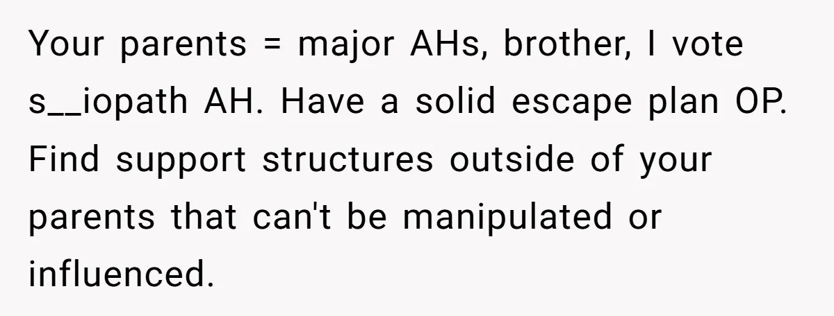 Your parents = major AHs, brother, I vote s__iopath AH. Have a solid escape plan OP. Find support structures outside of your parents that can't be manipulated or influenced.