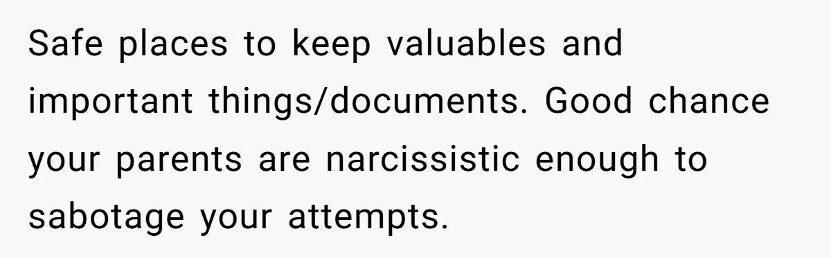 Safe places to keep valuables and important things/documents. Good chance your parents are narcissistic enough to sabotage your attempts.