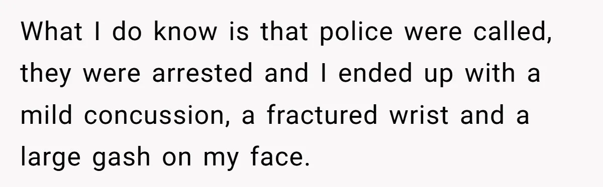 What I do know is that police were called, they were arrested and I ended up with a mild concussion, a fractured wrist and a large gash on my face.