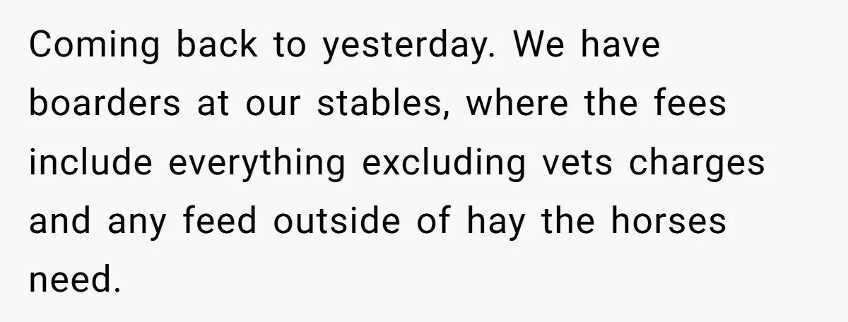 Coming back to yesterday. We have boarders at our stables, where the fees include everything excluding vets charges and any feed outside of hay the horses need.