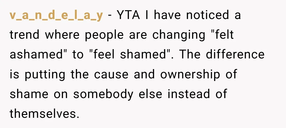 v_a_n_d_e_l_a_y − YTA I have noticed a trend where people are changing "felt ashamed" to "feel shamed". The difference is putting the cause and ownership of shame on somebody else...