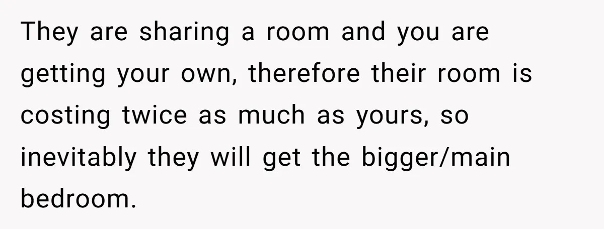 They are sharing a room and you are getting your own, therefore their room is costing twice as much as yours, so inevitably they will get the bigger/main bedroom.