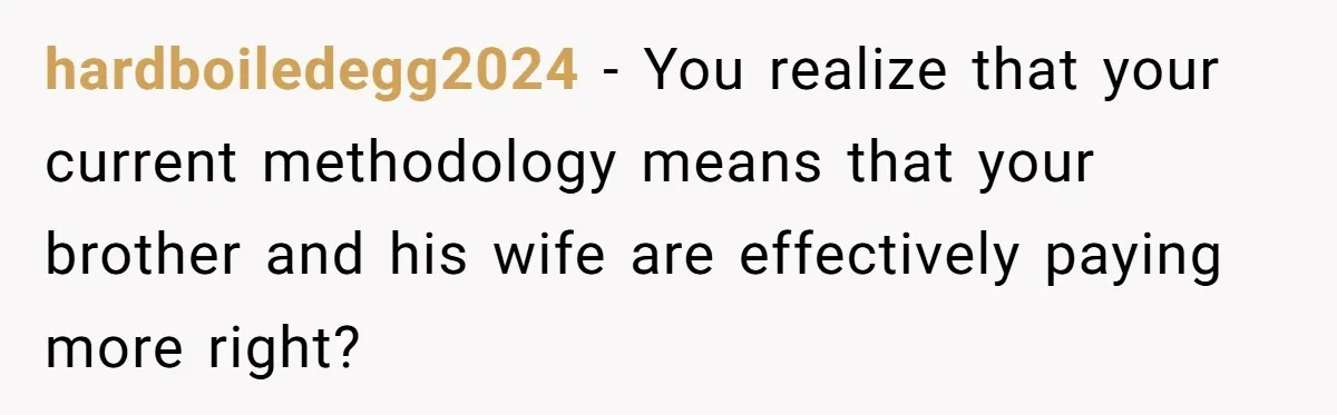 hardboiledegg2024 − You realize that your current methodology means that your brother and his wife are effectively paying more right?