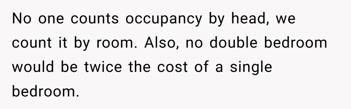 No one counts occupancy by head, we count it by room. Also, no double bedroom would be twice the cost of a single bedroom.