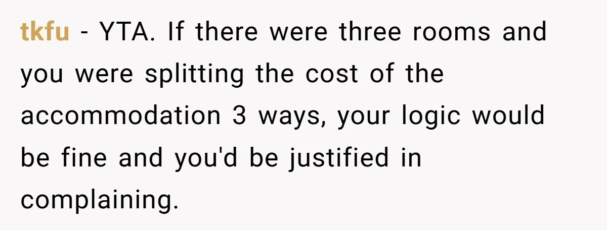 tkfu − YTA. If there were three rooms and you were splitting the cost of the accommodation 3 ways, your logic would be fine and you'd be justified in complaining.