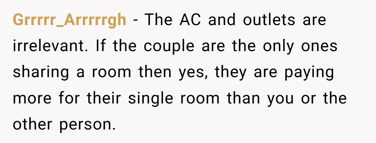 Grrrrr_Arrrrrgh − The AC and outlets are irrelevant. If the couple are the only ones sharing a room then yes, they are paying more for their single room than you...