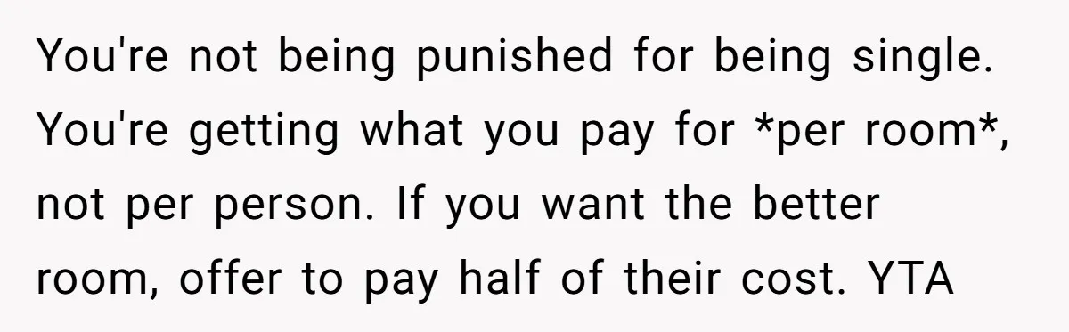 You're not being punished for being single. You're getting what you pay for *per room*, not per person. If you want the better room, offer to pay half of their...