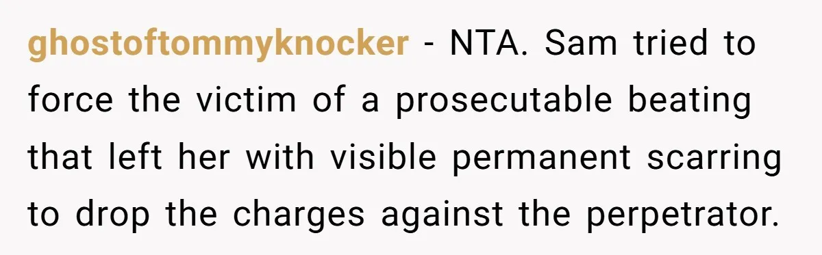 ghostoftommyknocker − NTA. Sam tried to force the victim of a prosecutable beating that left her with visible permanent scarring to drop the charges against the perpetrator.