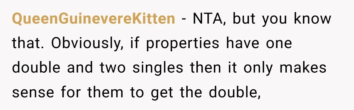 QueenGuinevereKitten − NTA, but you know that. Obviously, if properties have one double and two singles then it only makes sense for them to get the double,