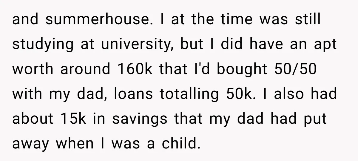 and summerhouse. I at the time was still studying at university, but I did have an apt worth around 160k that I'd bought 50/50 with my dad, loans totalling 50k....