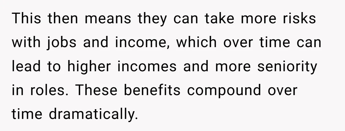 This then means they can take more risks with jobs and income, which over time can lead to higher incomes and more seniority in roles. These benefits compound over time...