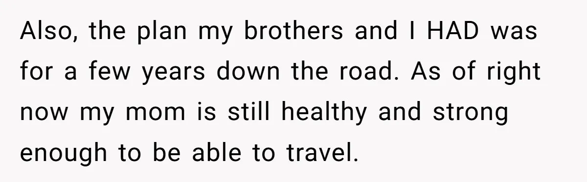 Also, the plan my brothers and I HAD was for a few years down the road. As of right now my mom is still healthy and strong enough to be...