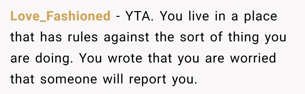 Love_Fashioned − YTA. You live in a place that has rules against the sort of thing you are doing. You wrote that you are worried that someone will report you.