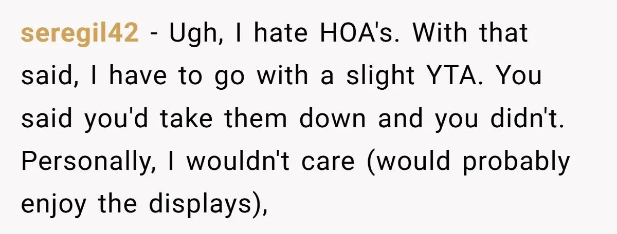 seregil42 − Ugh, I hate HOA's. With that said, I have to go with a slight YTA. You said you'd take them down and you didn't. Personally, I wouldn't care...