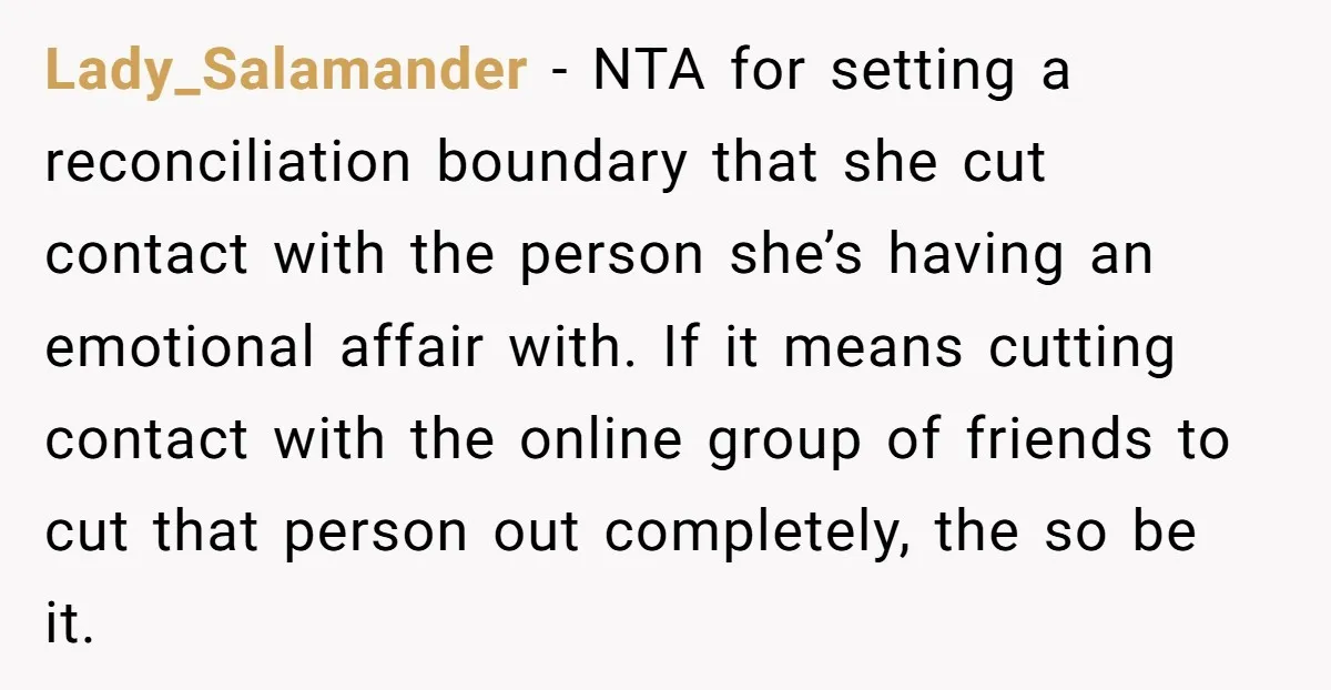 Lady_Salamander − NTA for setting a reconciliation boundary that she cut contact with the person she’s having an emotional affair with. If it means cutting contact with the online group...