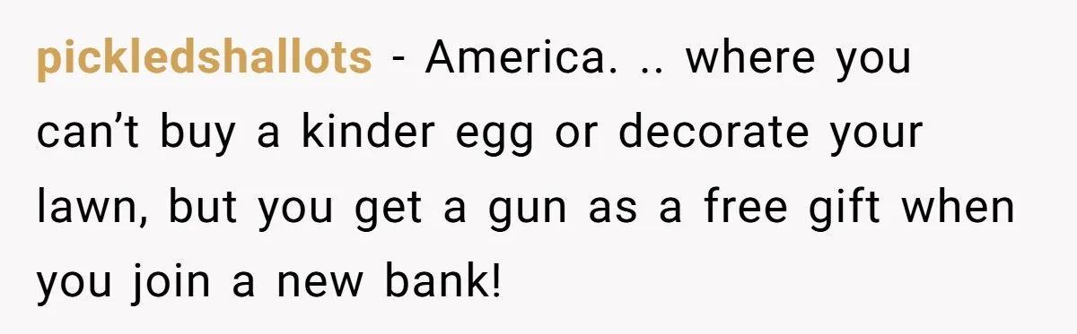 pickledshallots − America. .. where you can’t buy a kinder egg or decorate your lawn, but you get a gun as a free gift when you join a new bank!