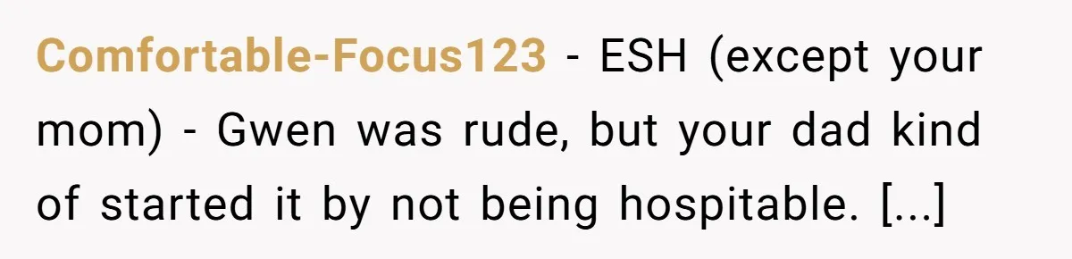 Comfortable-Focus123 − ESH (except your mom) - Gwen was rude, but your dad kind of started it by not being hospitable. [...]