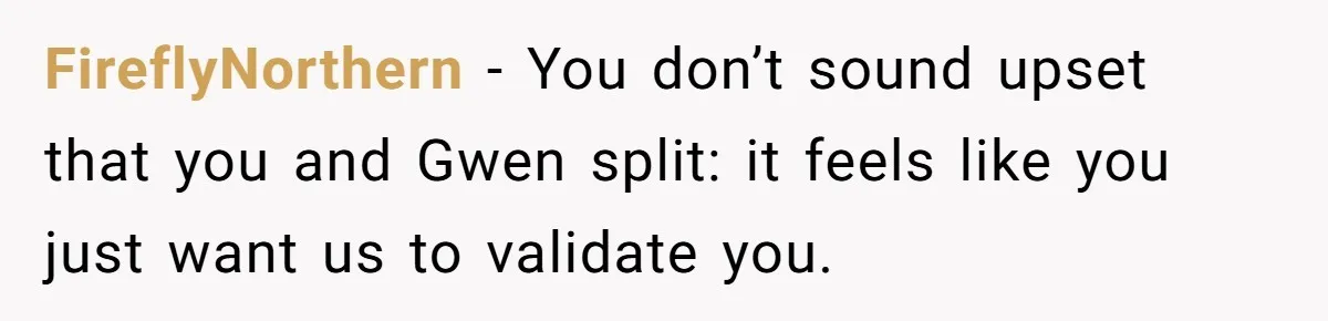 FireflyNorthern − You don’t sound upset that you and Gwen split: it feels like you just want us to validate you.
