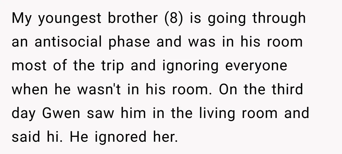 My youngest brother (8) is going through an antisocial phase and was in his room most of the trip and ignoring everyone when he wasn't in his room. On the...