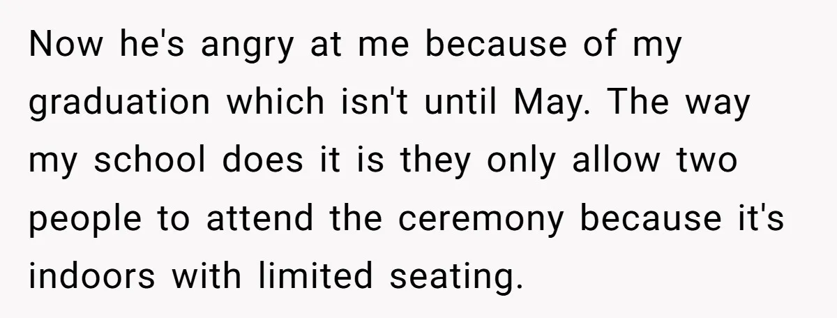 Now he's angry at me because of my graduation which isn't until May. The way my school does it is they only allow two people to attend the ceremony because...
