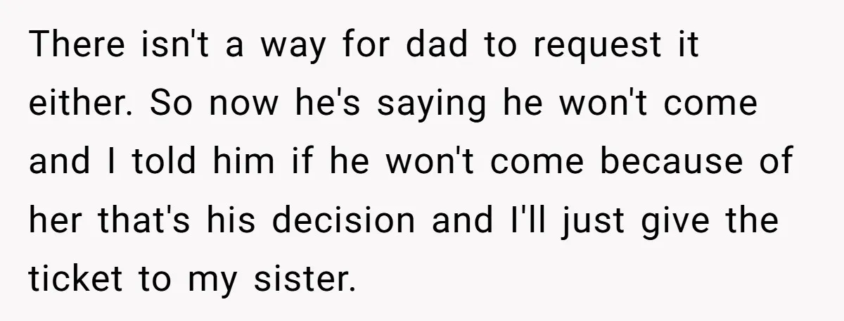 There isn't a way for dad to request it either. So now he's saying he won't come and I told him if he won't come because of her that's his...
