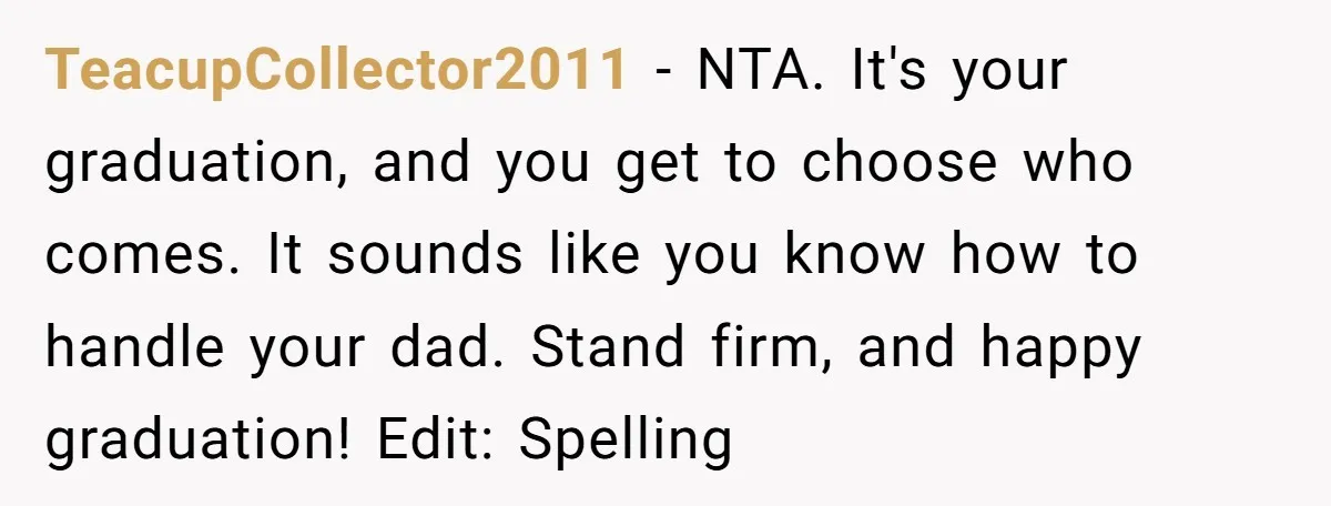 TeacupCollector2011 − NTA. It's your graduation, and you get to choose who comes. It sounds like you know how to handle your dad. Stand firm, and happy graduation! Edit: Spelling