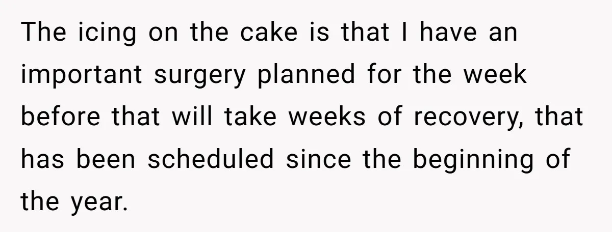 The icing on the cake is that I have an important surgery planned for the week before that will take weeks of recovery, that has been scheduled since the beginning...