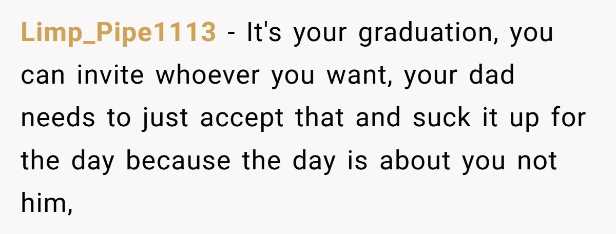 Limp_Pipe1113 − It's your graduation, you can invite whoever you want, your dad needs to just accept that and suck it up for the day because the day is about...