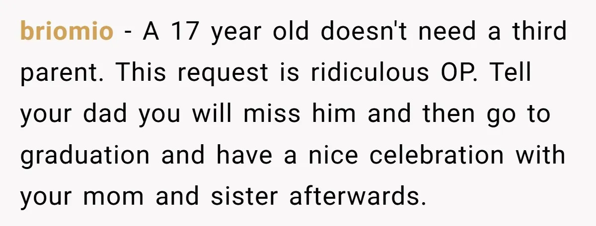 briomio − A 17 year old doesn't need a third parent. This request is ridiculous OP. Tell your dad you will miss him and then go to graduation and have...