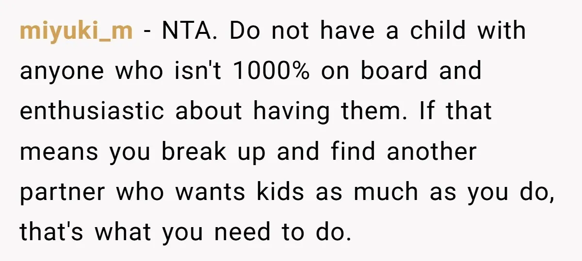 miyuki_m − NTA. Do not have a child with anyone who isn't 1000% on board and enthusiastic about having them. If that means you break up and find another partner...