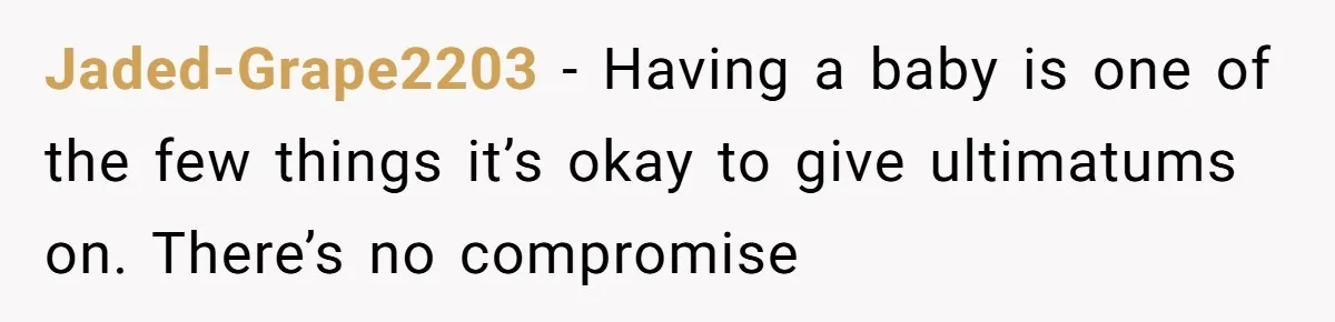 Jaded-Grape2203 − Having a baby is one of the few things it’s okay to give ultimatums on. There’s no compromise