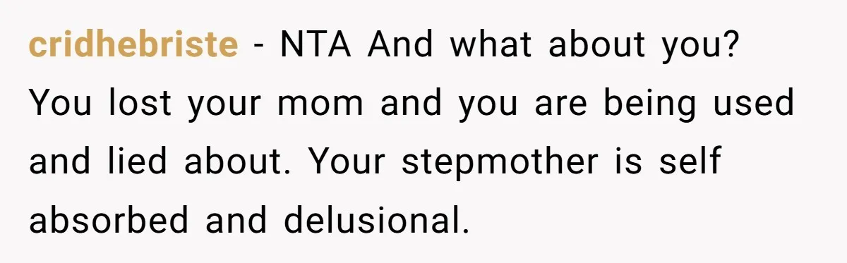 cridhebriste − NTA And what about you? You lost your mom and you are being used and lied about. Your stepmother is self absorbed and delusional.