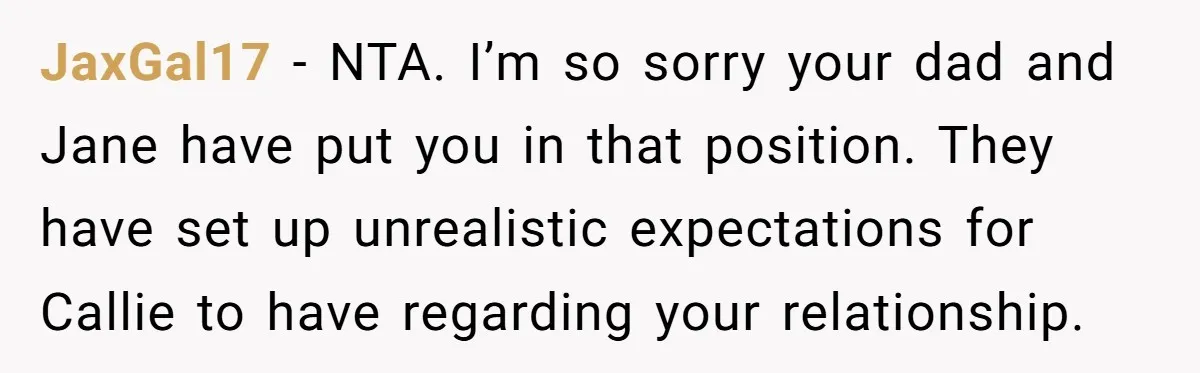 JaxGal17 − NTA. I’m so sorry your dad and Jane have put you in that position. They have set up unrealistic expectations for Callie to have regarding your relationship.
