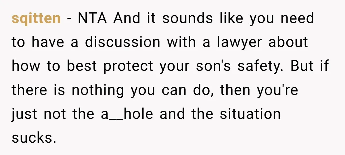 sqitten − NTA And it sounds like you need to have a discussion with a lawyer about how to best protect your son's safety. But if there is nothing you...
