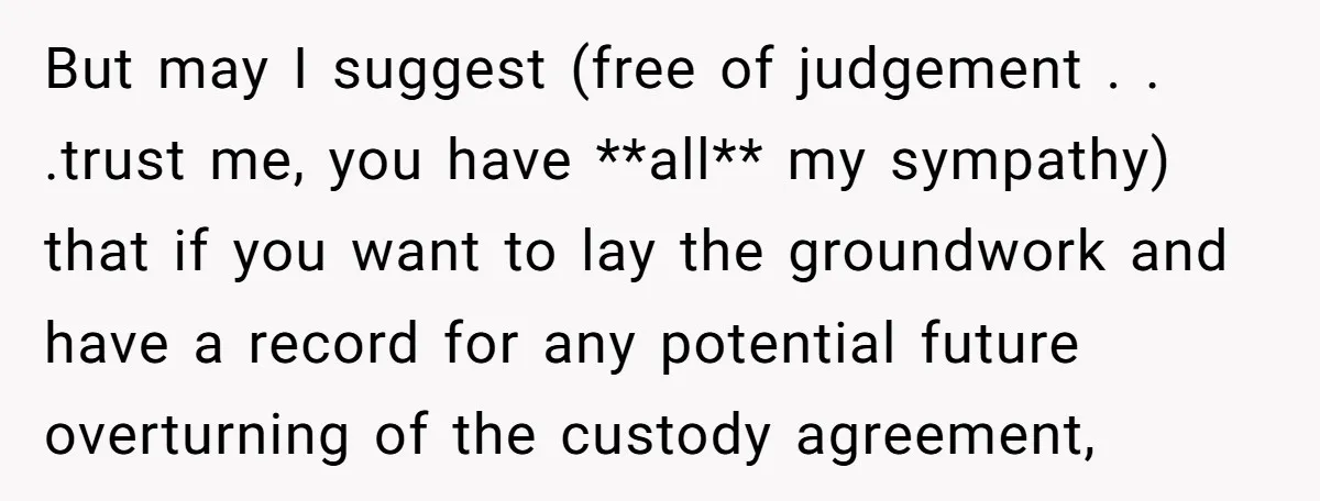 But may I suggest (free of judgement . . .trust me, you have **all** my sympathy) that if you want to lay the groundwork and have a record for any...