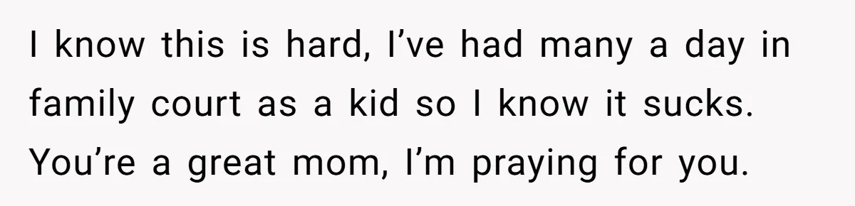 I know this is hard, I’ve had many a day in family court as a kid so I know it sucks. You’re a great mom, I’m praying for you.