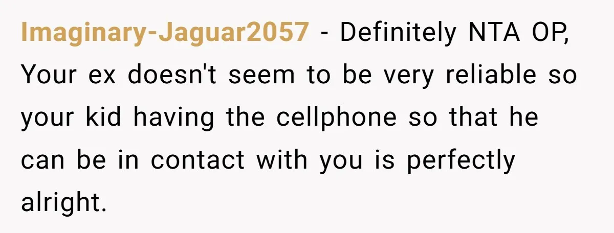 Imaginary-Jaguar2057 − Definitely NTA OP, Your ex doesn't seem to be very reliable so your kid having the cellphone so that he can be in contact with you is perfectly...