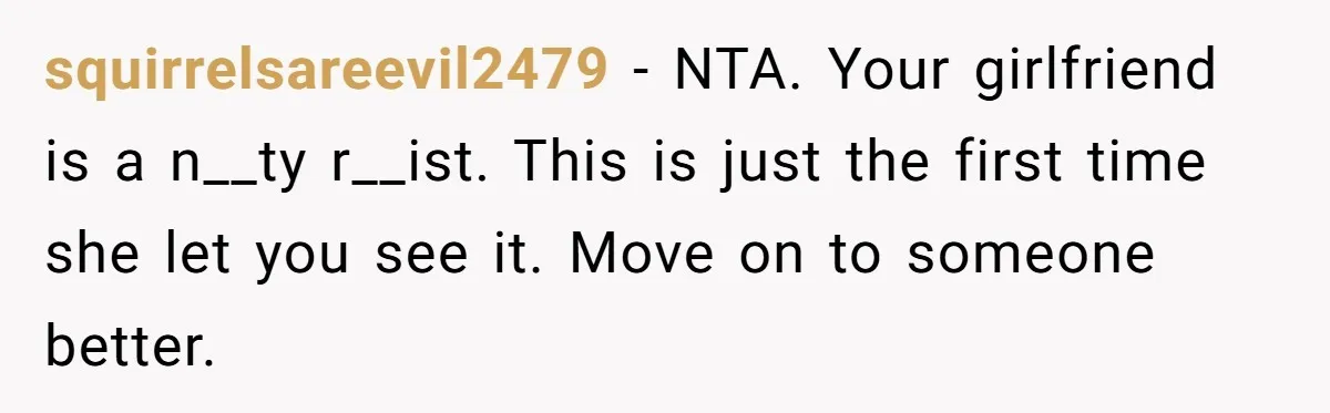 squirrelsareevil2479 − NTA. Your girlfriend is a n__ty r__ist. This is just the first time she let you see it. Move on to someone better.