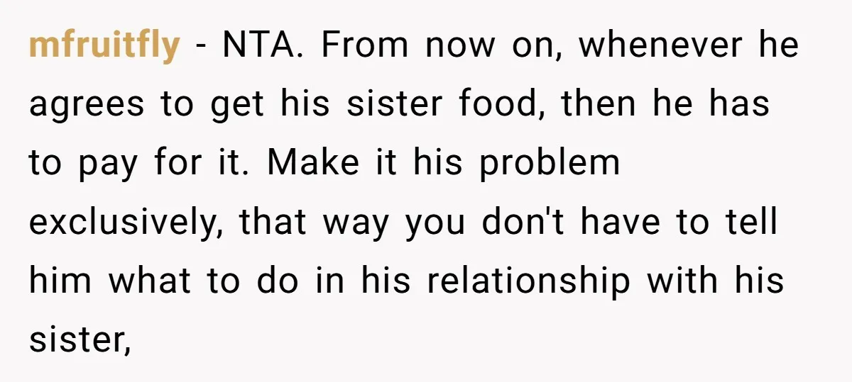 mfruitfly − NTA. From now on, whenever he agrees to get his sister food, then he has to pay for it. Make it his problem exclusively, that way you don't...